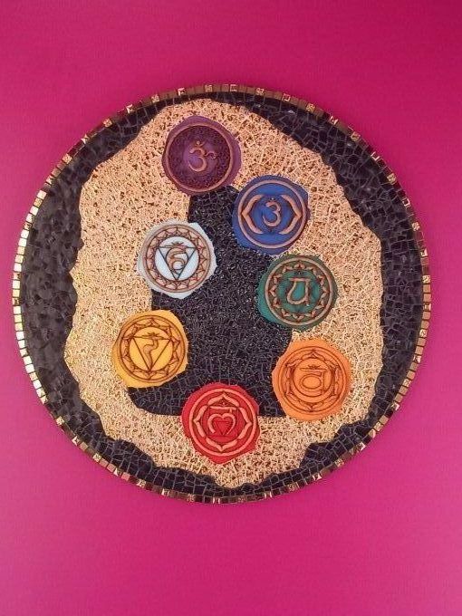Création unique cadre Bouddha avec symboles  des Chakras  en bois